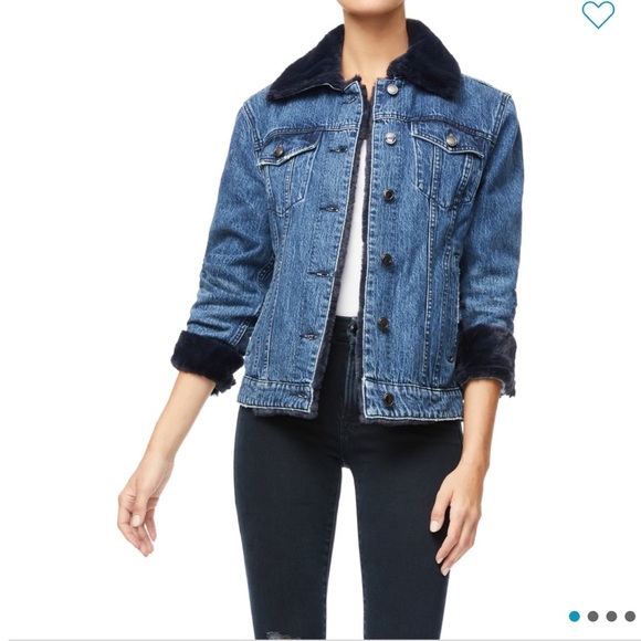 Good American the Luxe touch faux fur trim denim jacket - Picture 1 of 17